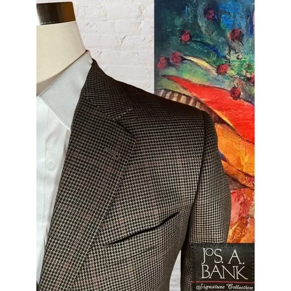 Jos A Bank 46R Signature Houndstooth Blazer Coat Jacket Silk Camelhair - Picture 3 of 14